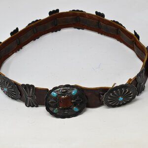 VINTAGE NAVAJO OLD PAWN 1ST PHASE COIN SILVER NAT TURQUOISE CONCHO BELT 1930-50
